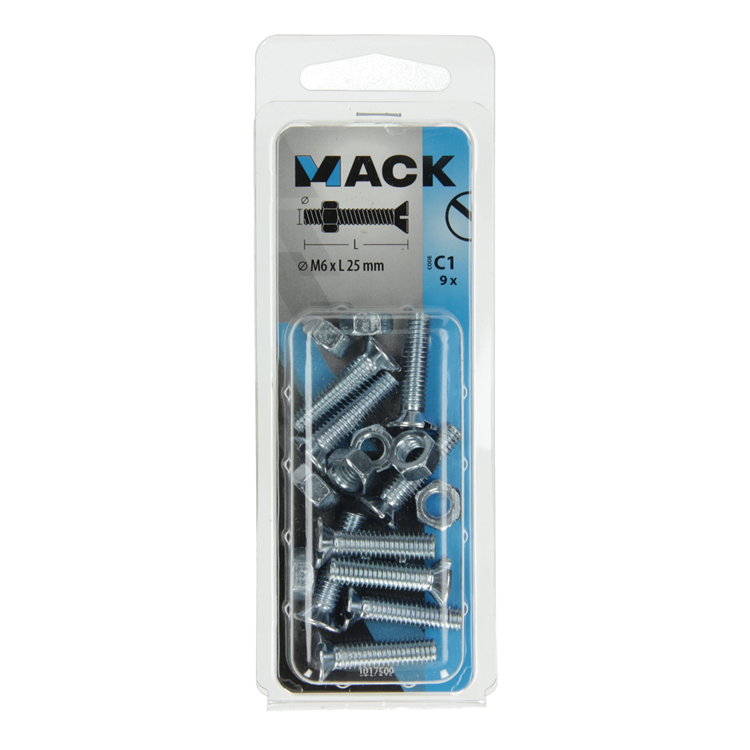 Mack 1017509 – Metallschraube verzinkt. Kopf + Mutter plattiert 9 Stück M6 x 25 mm | 10 Stück