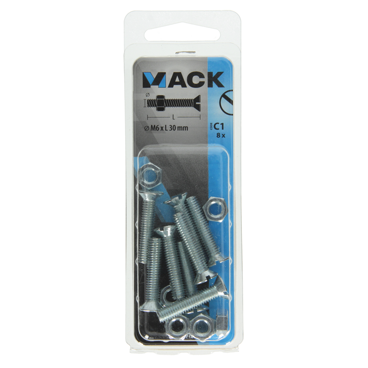 Mack 1017510 – Metallschraube verzinkt. Kopf + Mutter plattiert 8 Stück M6 x 30 mm | 10 Stück
