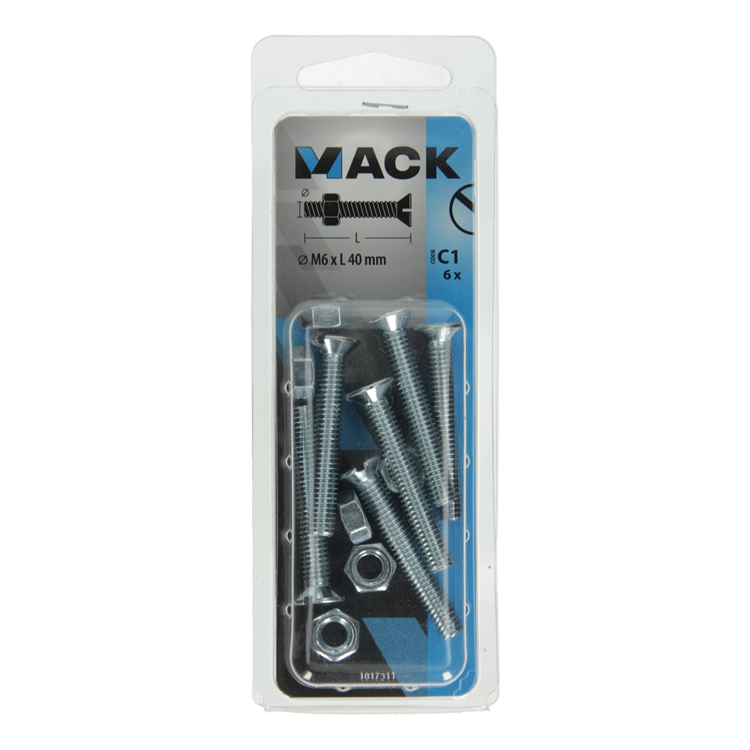 Mack 1017511 – Metallschraube verzinkt. Kopf + Mutter plattiert 6 Stück M6 x 40 mm | 10 Stück