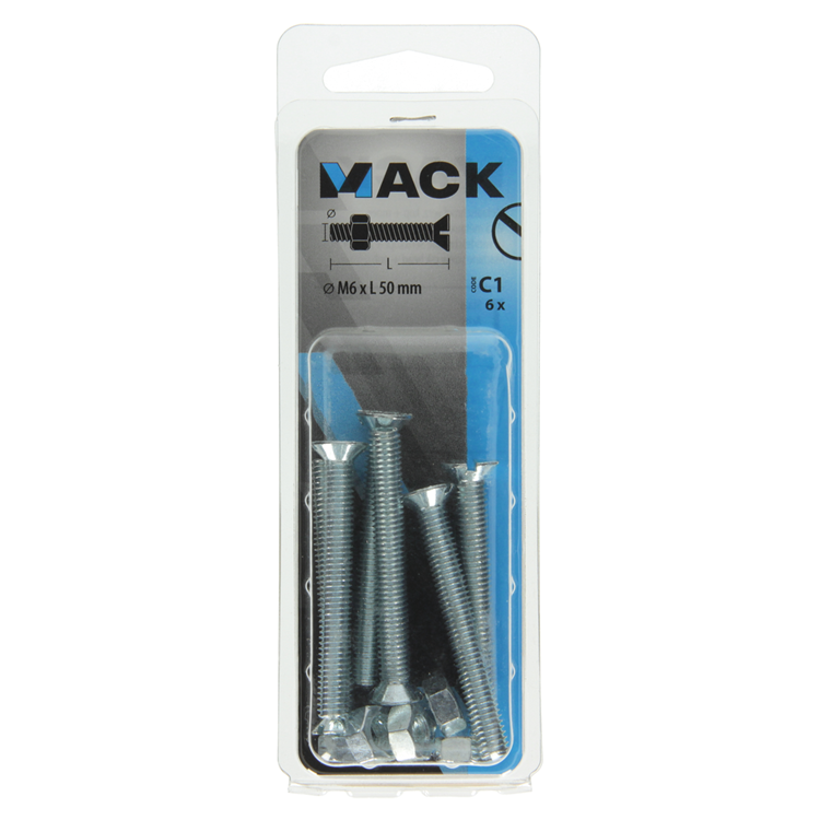 Mack 1017512 – Metallschraube verzinkt. Kopf + Mutter plattiert 6 Stück M6 x 50 mm | 10 Stück