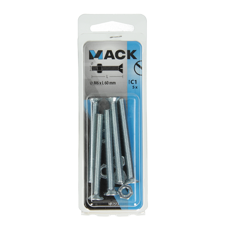 Mack 1017513 – Metallschraube verzinkt. Kopf + Mutter plattiert 5 Stück M6 x 60 mm | 10 Stück