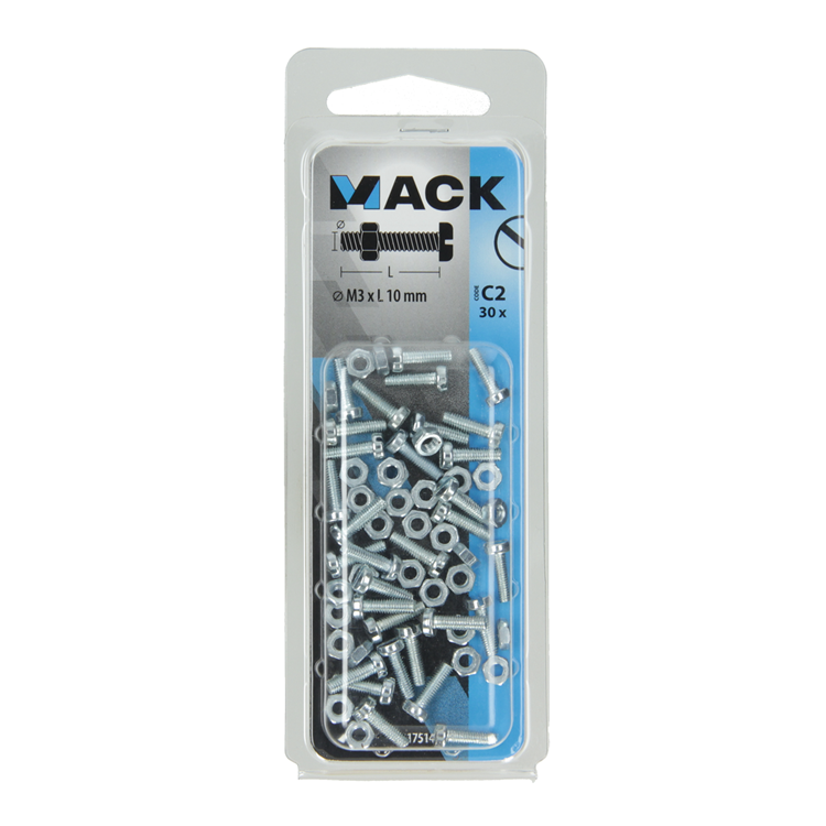 Mack 1017514 - Metallschraubzyl. Kopf + Mutter plattiert 30 Stück M3 x 10 mm | 10 Stück