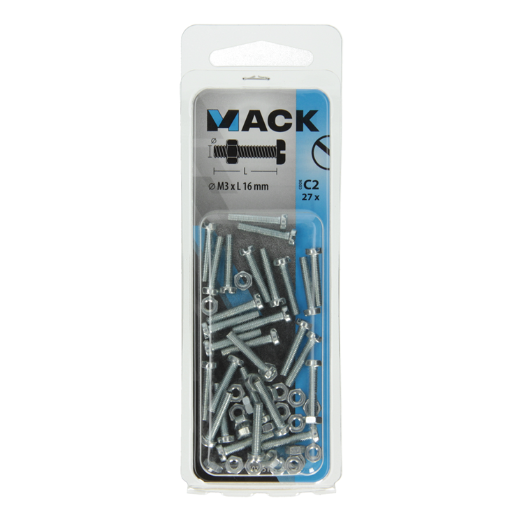 Mack 1017515 - Metallschraubzyl. Kopf + Mutter plattiert 27 Stück M3 x 16 mm | 10 Stück