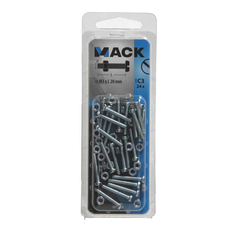 Mack 1017516 - Metallschrauben-Zyl. Kopf + Mutter plattiert 24 Stück M3 x 20 mm | 10 Stück