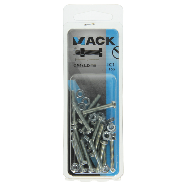 Mack 1017519 - Metallschraubzyl. Kopf + Mutter plattiert 16 Stück M4 x 25 mm | 10 Stück