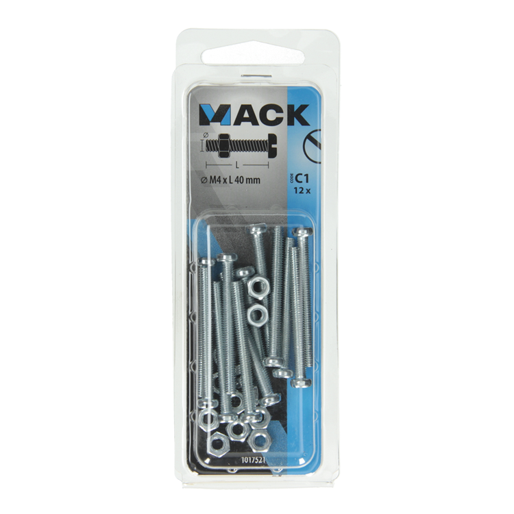 Mack 1017521 - Metallschraubzyl. Kopf + Mutter plattiert 12 Stück M4 x 40 mm | 10 Stück