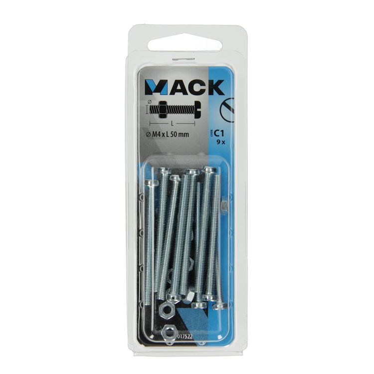 Mack 1017522 - Metallschraubzylinder Kopf + Mutter plattiert 9 Stück M4 x 50 mm | 10 Stück