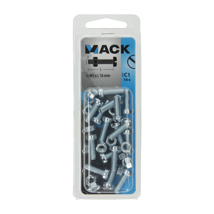 Mack 1017523 - Metallschraubzylinder Kopf + Mutter plattiert 16 Stück M5 x 16 mm | 10 Stück