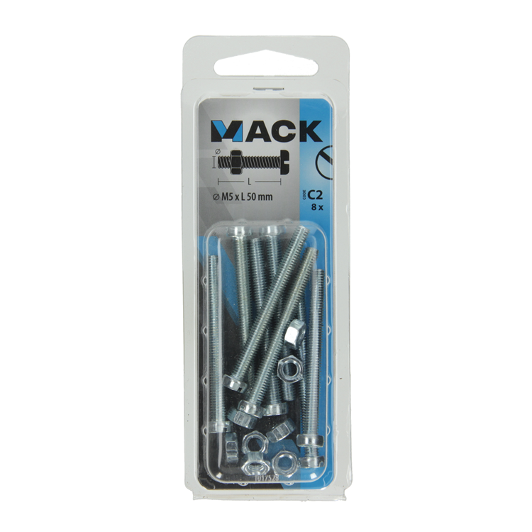 Mack 1017528 - Metallschraubzylinder Kopf + Mutter plattiert 8 Stück M5 x 50 mm | 10 Stück