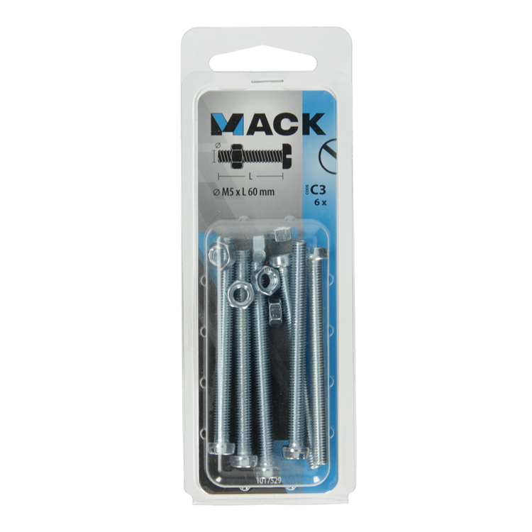 Mack 1017529 - Metallschraubzylinder Kopf + Mutter plattiert 6 Stück M5 x 60 mm | 10 Stück