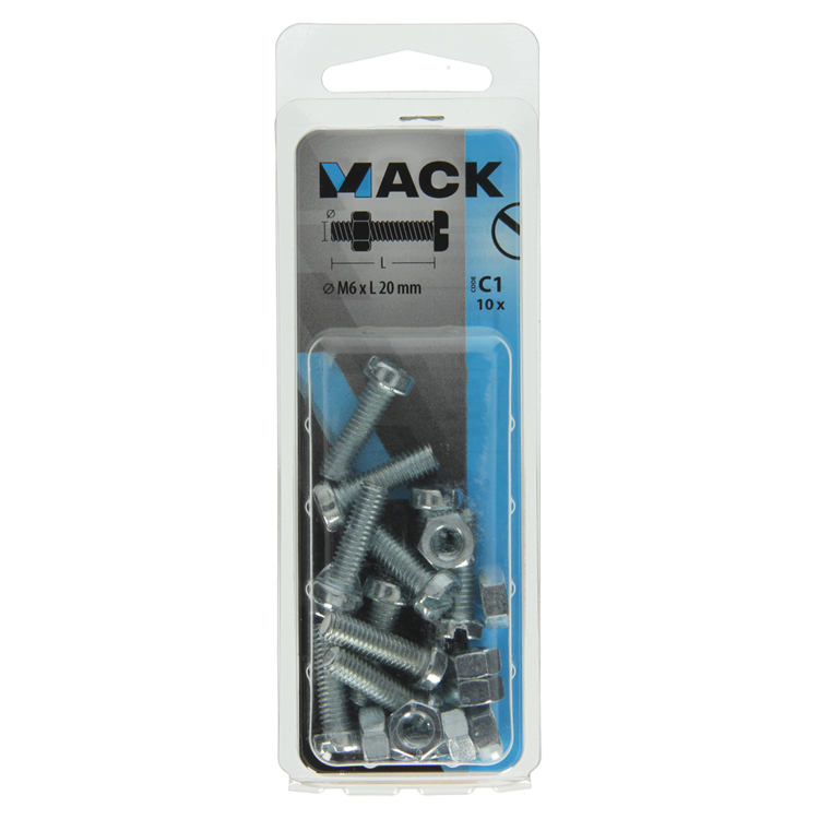Mack 1017531 - Metallschraubzyl. Kopf + Mutter plattiert 10 Stück M6 x 20 mm | 10 Stück