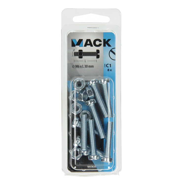 Mack 1017533 - Metallschraubzyl. Kopf + Mutter plattiert 8 Stück M6 x 30 mm | 10 Stück