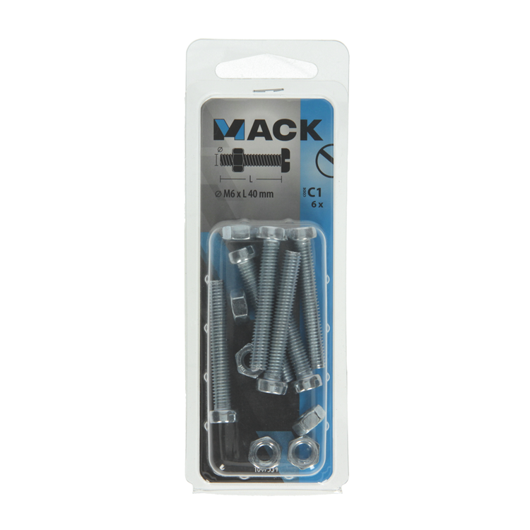 Mack 1017534 - Metallschraubzyl. Kopf + Mutter plattiert 6 Stück M6 x 40 mm | 10 Stück