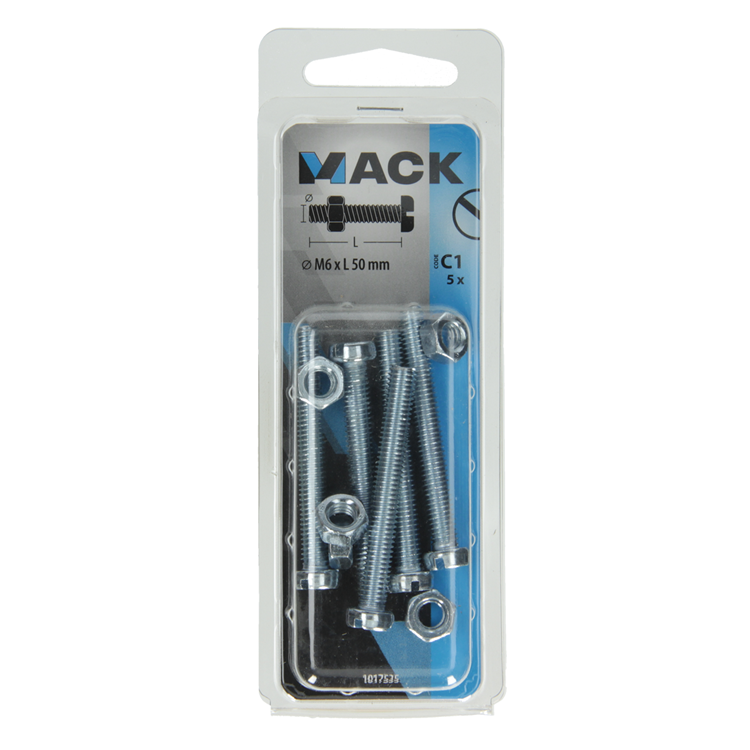 Mack 1017535 - Metallschraubzyl. Kopf + Mutter plattiert 5 Stück M6 x 50 mm | 10 Stück