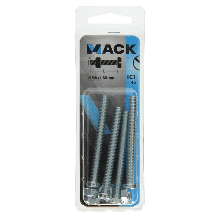 Mack 1017536 - Metallschraubzyl. Kopf + Mutter plattiert 4 Stück M6 x 60 mm | 10 Stück