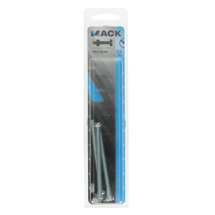 Mack 1017537 - Metallschraubzyl. Kopf + Mutter plattiert 3 Stück M6 x 80 mm | 5 Stück
