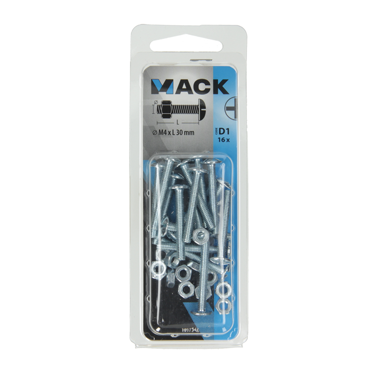 Mack 1017542 – Heizungsschraube + Mutter aus verzinktem Stahl, 16 Stück, M4 x 30 mm | 10 Stück