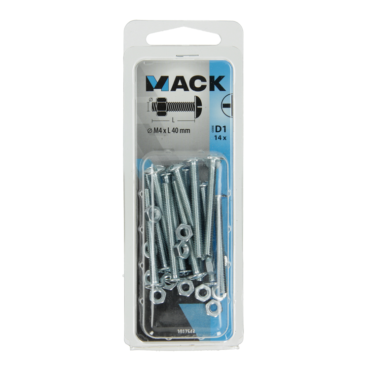 Mack 1017543 – Heizungsschraube + Mutter aus verzinktem Stahl, 14 Stück, M4 x 40 mm | 10 Stück