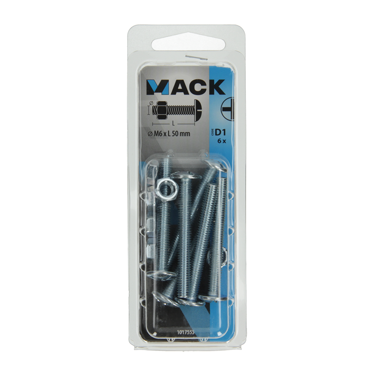 Mack 1017555 – Heizungsschraube + Mutter aus verzinktem Stahl, 6 Stück, M6 x 50 mm | 5 Stück