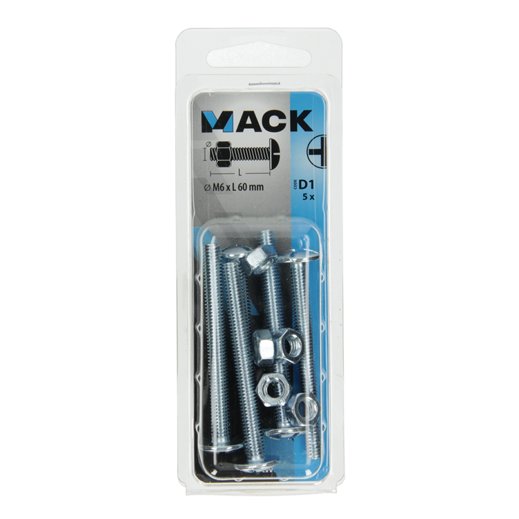 Mack 1017556 – Ofenschraube + Mutter aus verzinktem Stahl, 5 Stück, M6 x 60 mm | 10 Stück