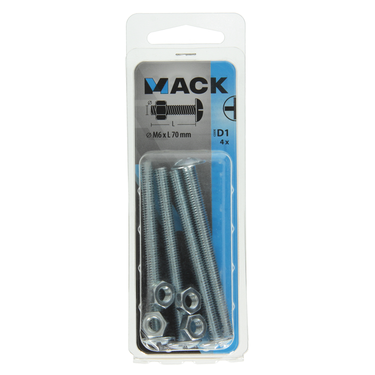 Mack 1017557 – Heizungsschraube + Mutter aus verzinktem Stahl, 4 Stück, M6 x 70 mm | 10 Stück