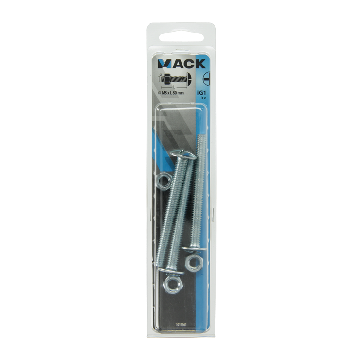 Mack 1017561 – Heizungsschraube + Mutter aus verzinktem Stahl, 3 Stück, M8 x 80 mm | 5 Stück