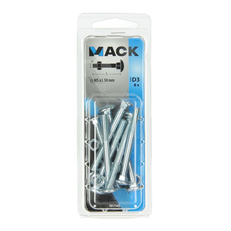 Mack 1017565 – Holzschraube + Mutter aus verzinktem Stahl, 8 Stück, M5 x 50 mm | 5 Stück