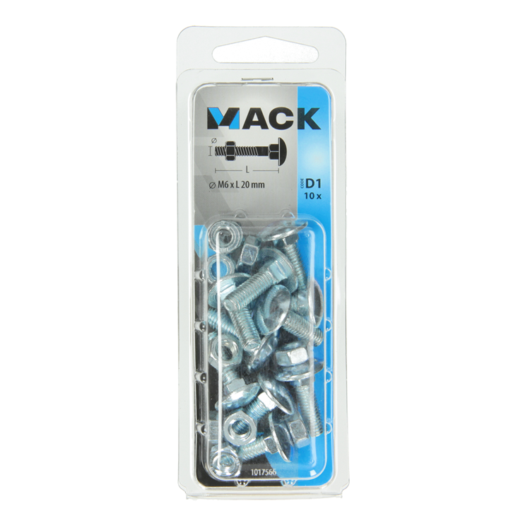 Mack 1017566 – Holzschraube + Mutter aus verzinktem Stahl, 10 Stück, M6 x 20 mm | 5 Stück