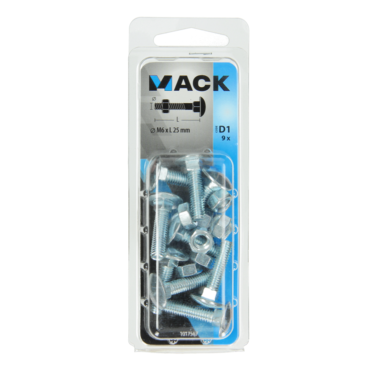 Mack 1017567 – Holzschraube + Mutter aus verzinktem Stahl, 9 Stück, M6 x 25 mm | 5 Stück