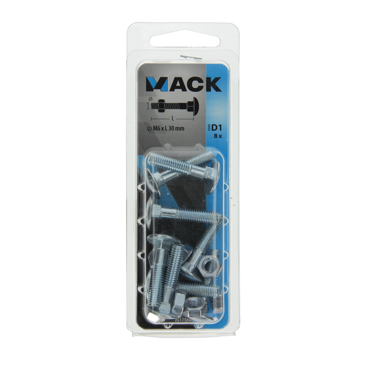 Mack 1017568 – Holzschraube + Mutter aus verzinktem Stahl, 8 Stück, M6 x 30 mm | 5 Stück