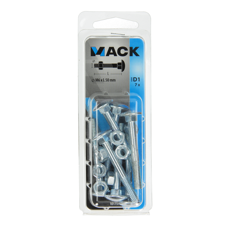 Mack 1017571 – Holzschraube + Mutter aus verzinktem Stahl, 7 Stück, M6 x 50 mm | 5 Stück