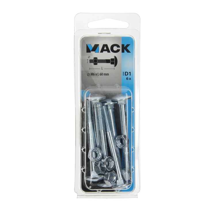Mack 1017572 – Holzschraube + Mutter aus verzinktem Stahl, 6 Stück, M6 x 60 mm | 5 Stück