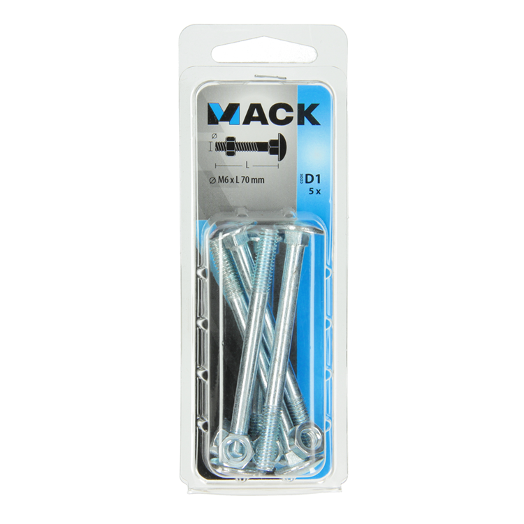 Mack 1017573 – Holzschraube + Mutter aus verzinktem Stahl, 5 Stück, M6 x 70 mm | 5 Stück
