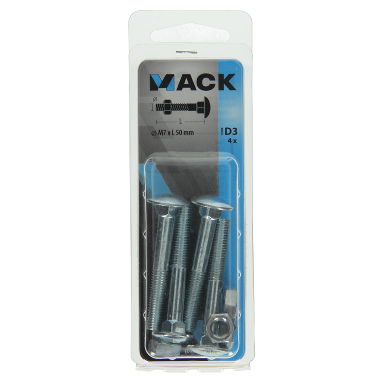 Mack 1017577 – Holzschraube + Mutter aus verzinktem Stahl, 4 Stück, M7 x 50 mm | 5 Stück