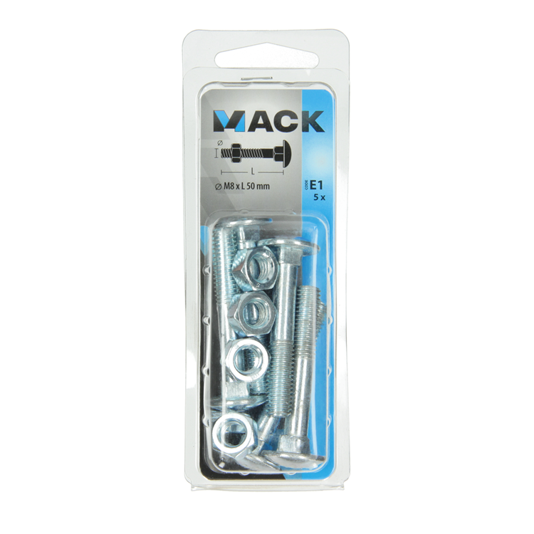 Mack 1017581 – Holzschraube + Mutter aus verzinktem Stahl, 5 Stück, M8 x 50 mm | 5 Stück