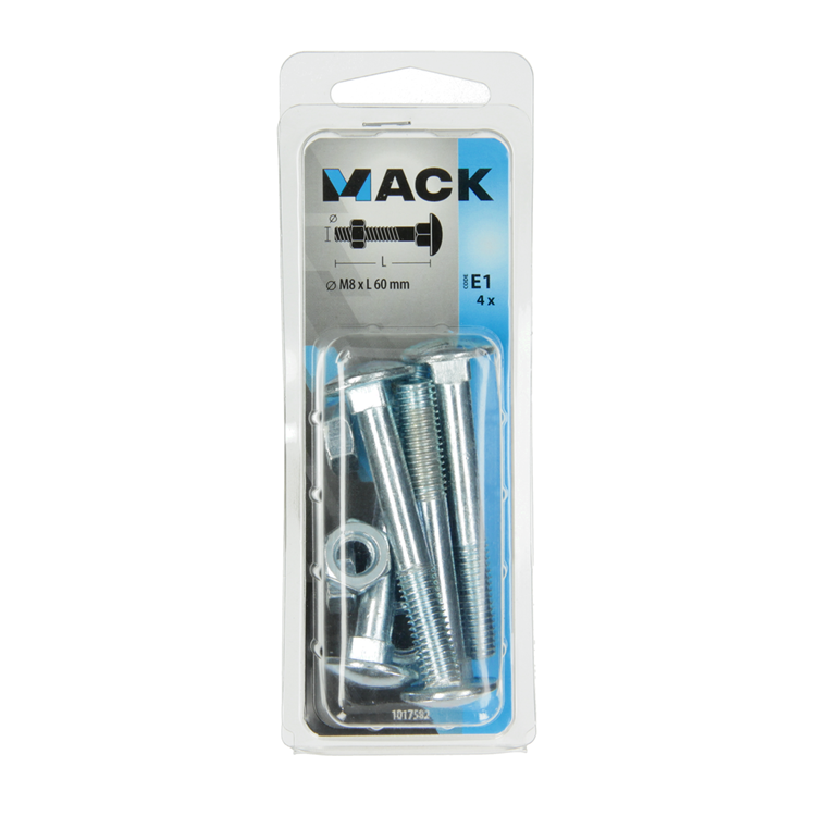 Mack 1017582 – Holzschraube + Mutter aus verzinktem Stahl, 4 Stück, M8 x 60 mm | 5 Stück