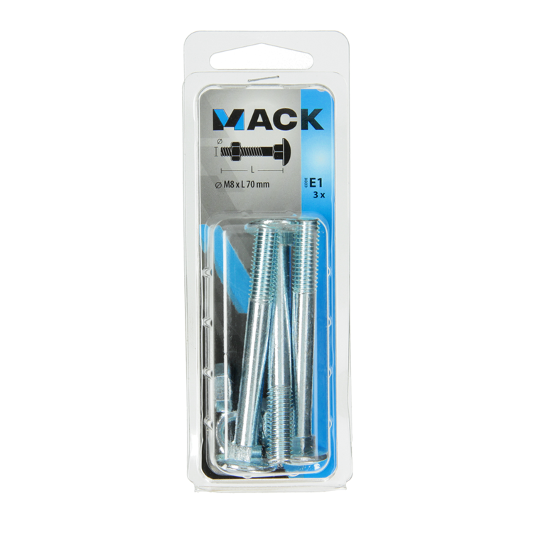 Mack 1017583 – Holzschraube + Mutter aus verzinktem Stahl, 3 Stück, M8 x 70 mm | 5 Stück