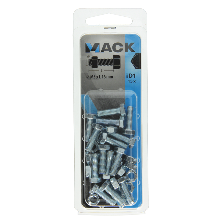 Mack 1017599 – Hahnschraube + Mutter aus verzinktem Stahl, 15 Stück, M5 x 16 mm | 10 Stück