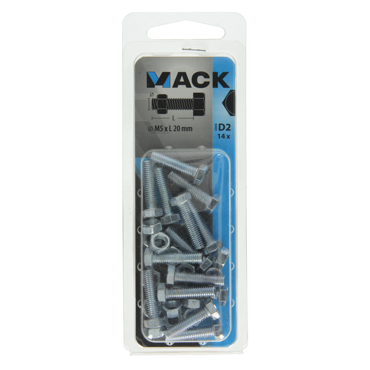 Mack 1017600 – Hahnschraube + Mutter aus verzinktem Stahl, 14 Stück, M5 x 20 mm | 10 Stück