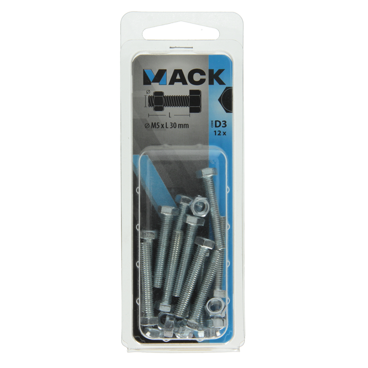 Mack 1017601 – Hahnschraube + Mutter aus verzinktem Stahl, 12 Stück, M5 x 30 mm | 10 Stück