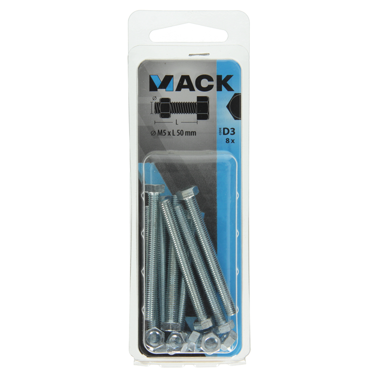 Mack 1017603 – Hahnschraube + Mutter aus verzinktem Stahl, 8 Stück, M5 x 50 mm | 10 Stück