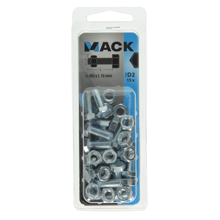 Mack 1017604 – Hahnschraube + Mutter aus verzinktem Stahl, 15 Stück, M6 x 16 mm | 10 Stück