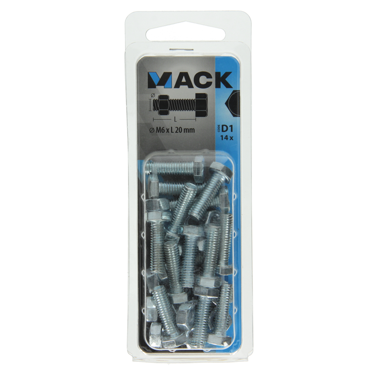 Mack 1017605 – Hahnschraube + Mutter aus verzinktem Stahl, 14 Stück, M6 x 20 mm | 10 Stück
