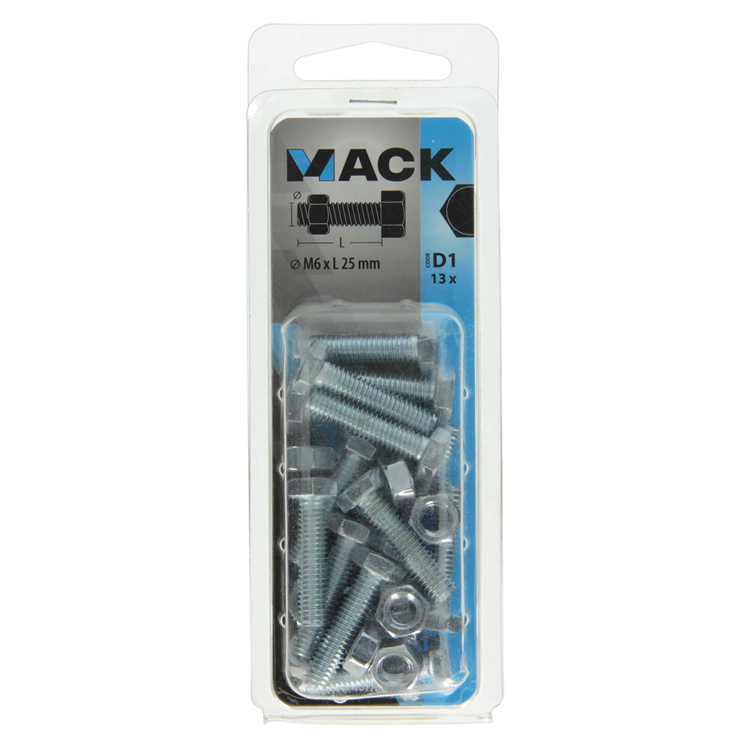 Mack 1017606 – Hahnschraube + Mutter aus verzinktem Stahl, 13 Stück, M6 x 25 mm | 10 Stück
