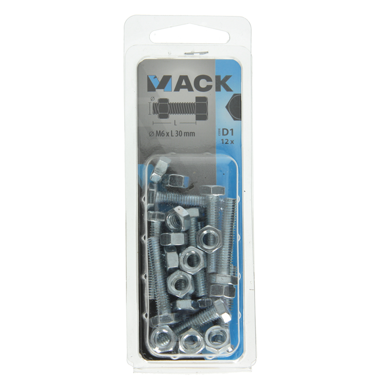 Mack 1017607 – Hahnschraube + Mutter aus verzinktem Stahl, 12 Stück, M6 x 30 mm | 10 Stück