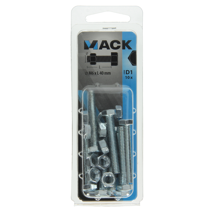 Mack 1017608 – Hahnschraube + Mutter aus verzinktem Stahl, 10 Stück, M6 x 40 mm | 5 Stück