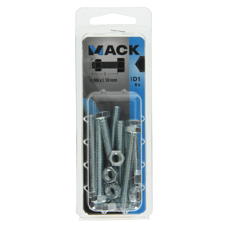 Mack 1017609 – Hahnschraube + Mutter aus verzinktem Stahl, 8 Stück, M6 x 50 mm | 5 Stück