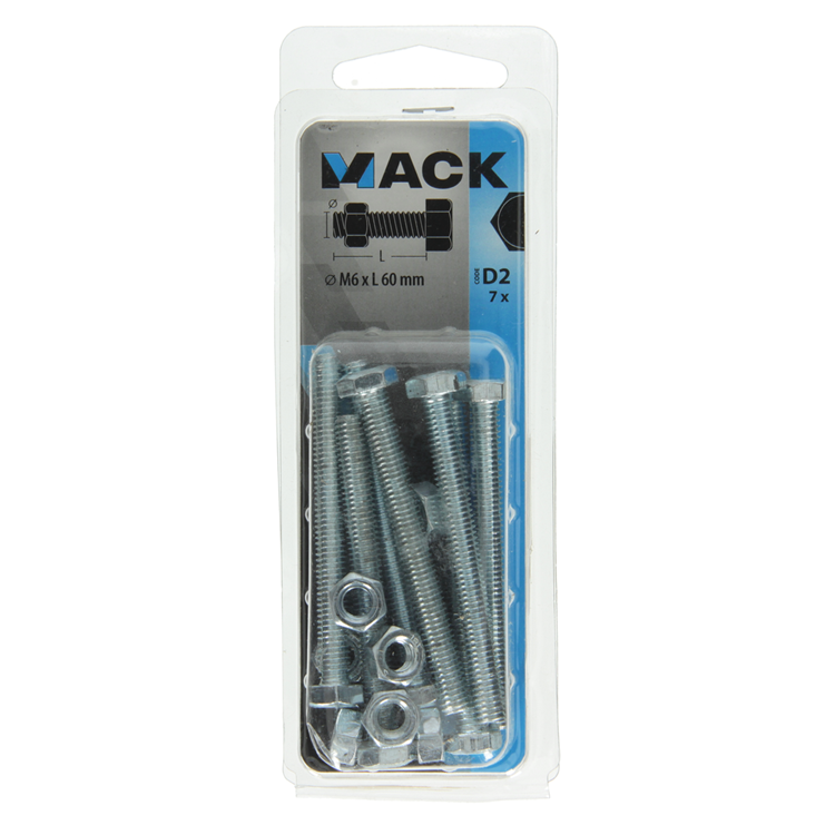 Mack 1017610 – Hahnschraube + Mutter aus verzinktem Stahl, 7 Stück, M6 x 60 mm | 10 Stück