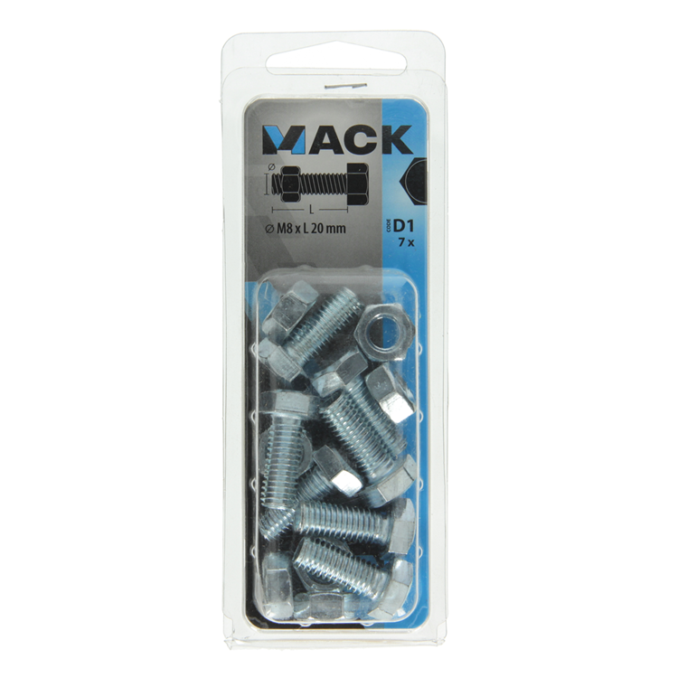 Mack 1017612 – Hahnschraube + Mutter aus verzinktem Stahl, 7 Stück, M8 x 20 mm | 10 Stück