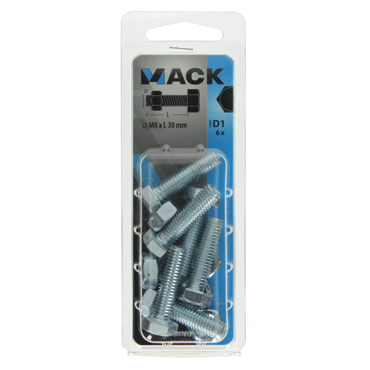 Mack 1017613 – Hahnschraube + Mutter aus verzinktem Stahl, 6 Stück, M8 x 30 mm | 5 Stück